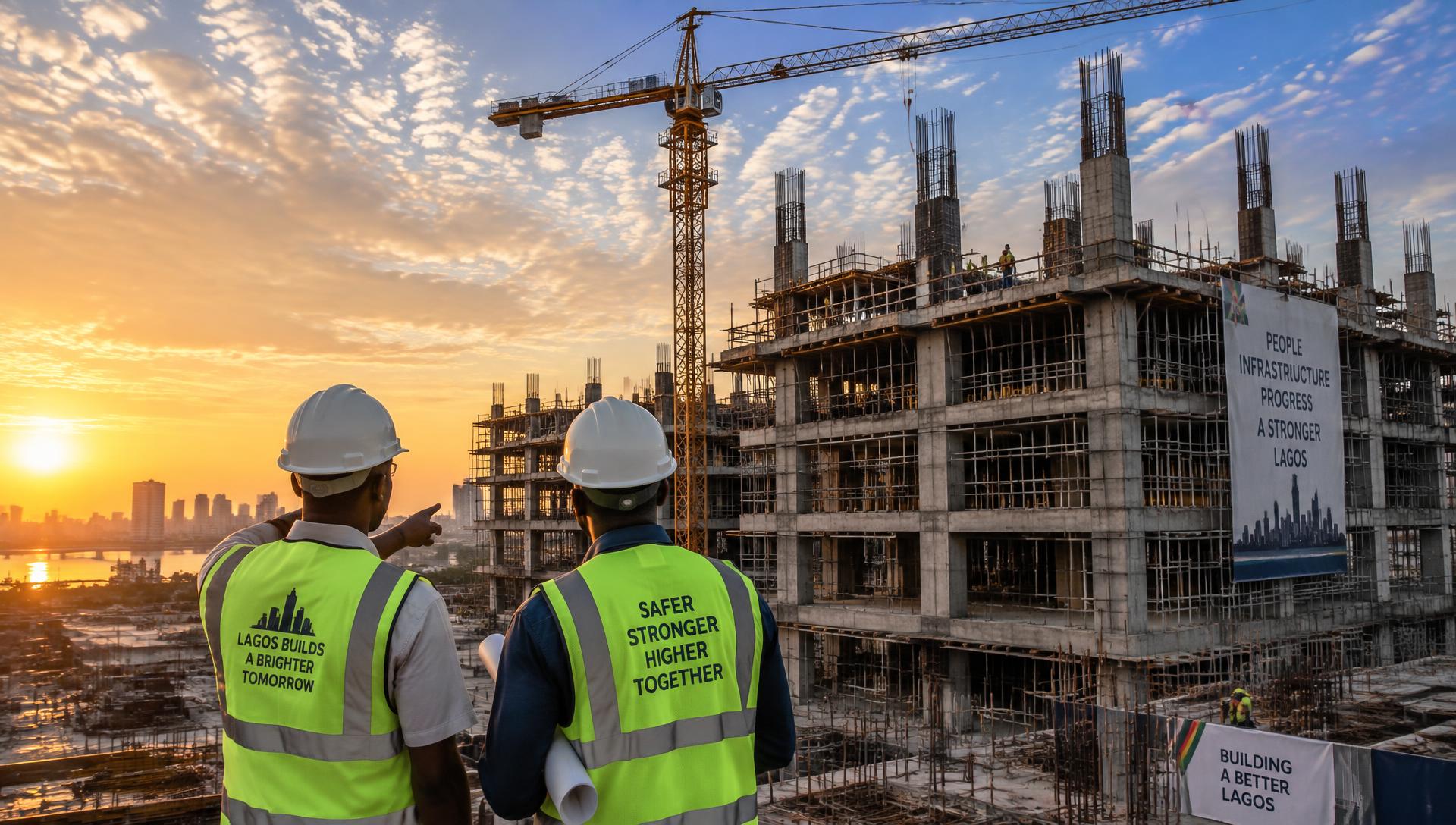Multi-storey building under construction in Lagos at sunset